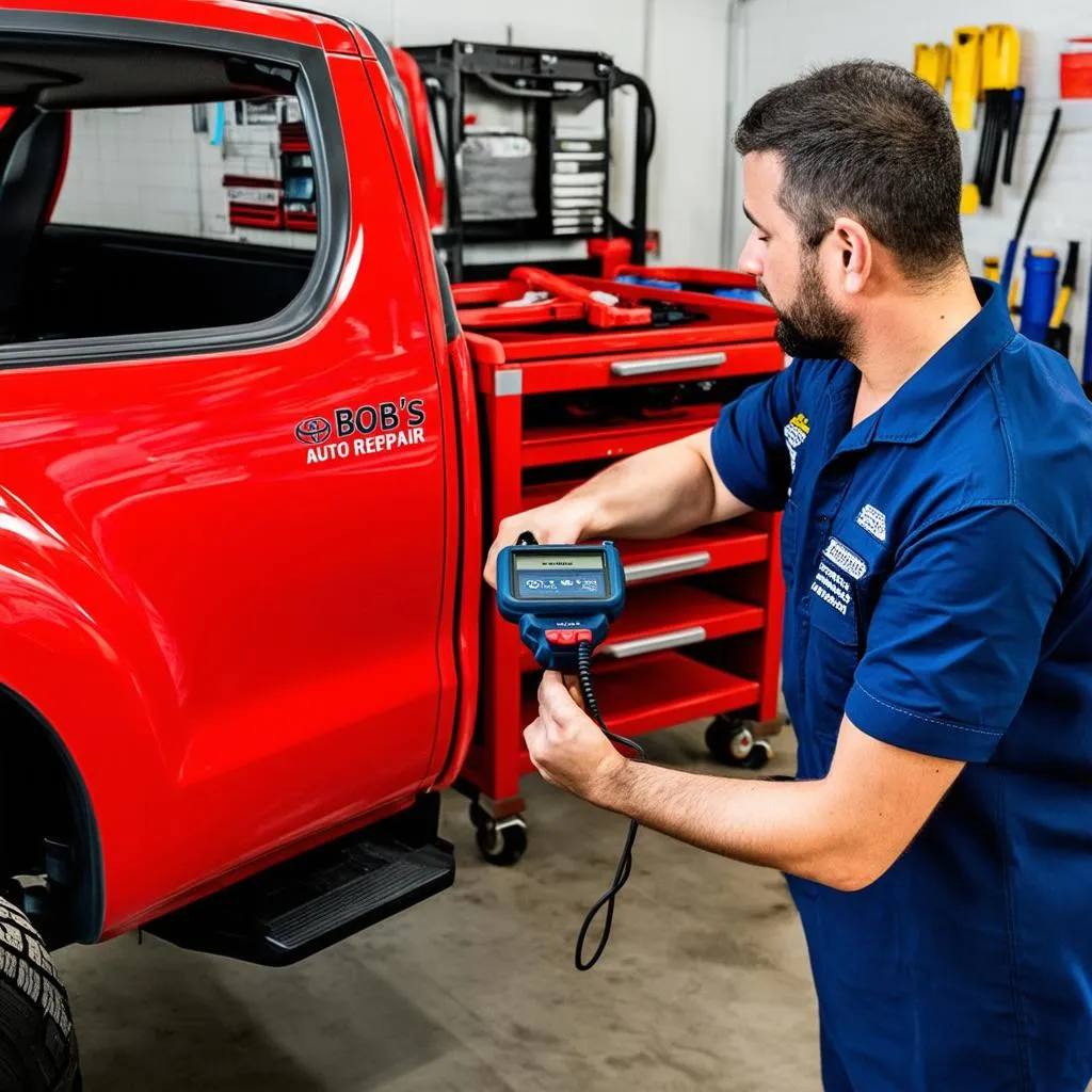 Mechanic connecting a diagnostic scanner